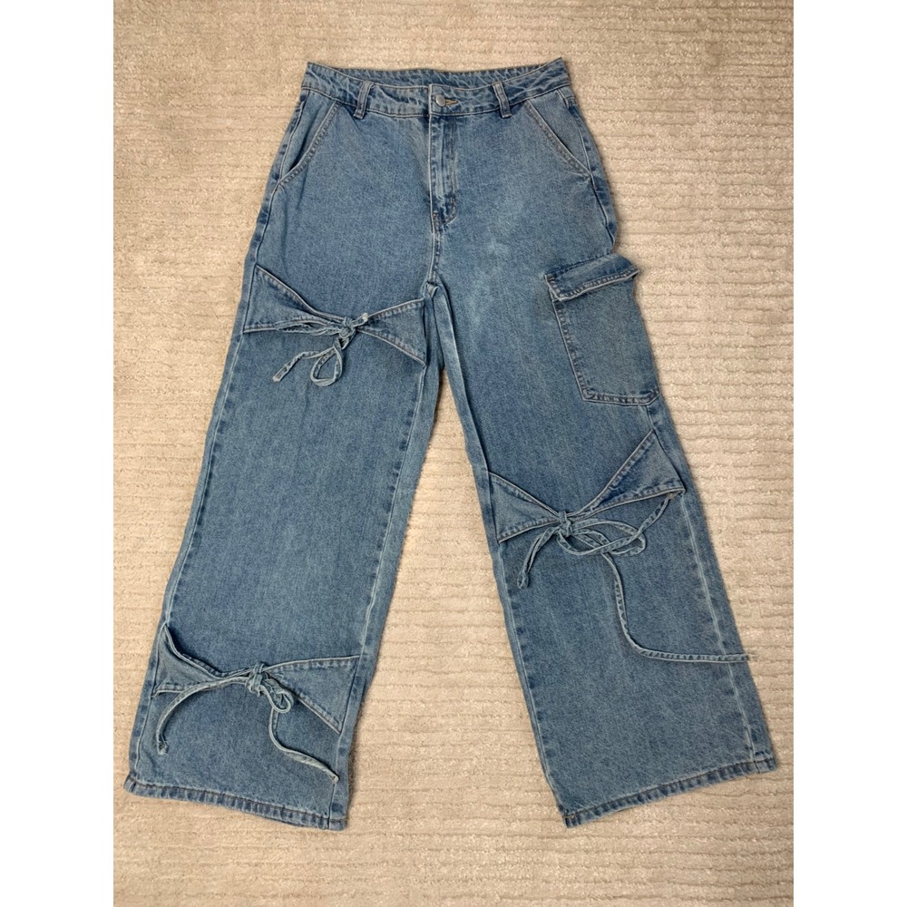Cider Denim Blue Wide Leg Cargo Jeans with Bow Tie Details Medium Wash Womens S‎